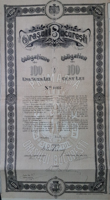 Obligatiune 100 lei 1912 orasul Bucuresti , tema actiuni , titluri , acte vechi foto