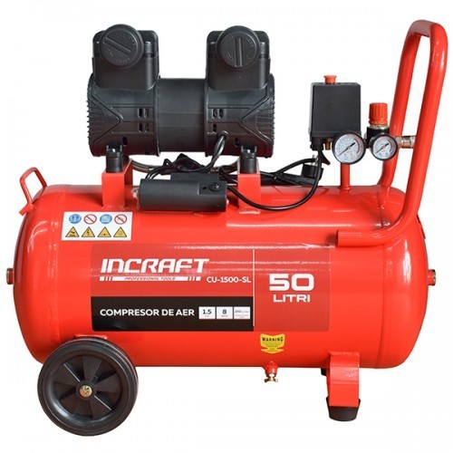 Compresor de aer 50L, 1.5 kW, 2 cilindri, fără ulei INCRAFT CU-1500-SL
