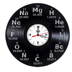 Ceas de perete decorativ din disc de vinil, Model Elemente Chimice din Tabelul Periodic, Negru, 30 cm