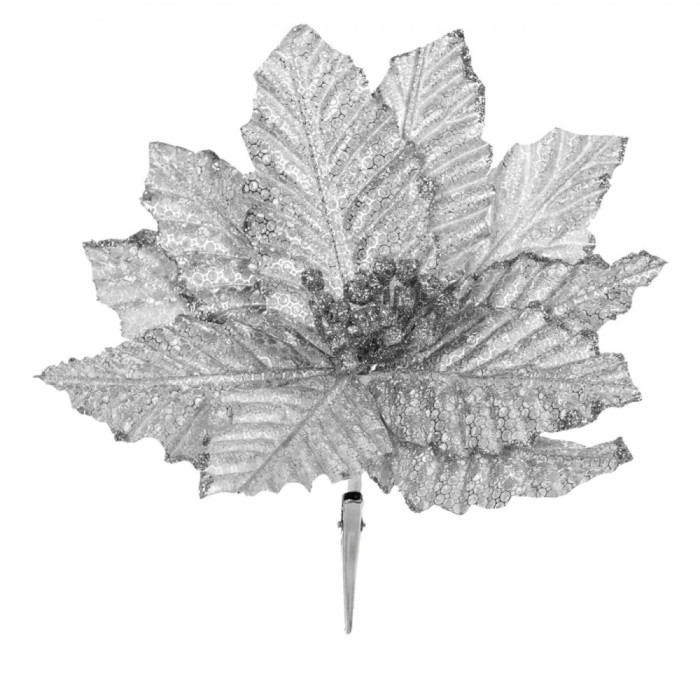 Ornament Crăciun, Floare cu Clips, Argintiu, Glitter, 21 cm