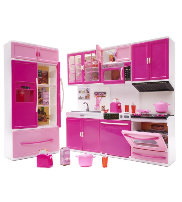 Mobilier de bucatarie interactiv pentru păpuși, 4 segmente, iluminare led, plastic, roz