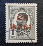 Emisiunea Provizorie de Reevaluare (1918&ndash;1919) - 1 BAN Negru cu Supratipar Roșu "25 BANI" (Dintelat, Ștampilat Discret) RO1