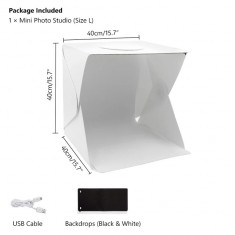 Cutie de iluminat Pto, 40 cm, portabilă, pliabilă, softbox, lumină LED, kit cort