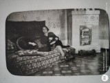 interior de casa stil neoromanesc , cu doamna asezata , fotografie format carte postala, anii 1930