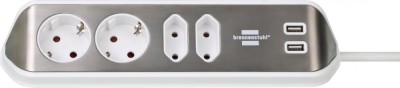 Prelungitor pentru perete colt Brennenstuhl Estilo 4 prize, 2 USB, 3.1 A, 2m Inox, Adeziv inclus, Argintiu-Alb foto