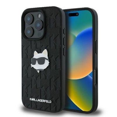 Husa iPhone 16 Pro Max - Karl Lagerfeld Hardcase Leather Monogram (KLHCP16XPGKLCHPK) - Choupette Head Pin foto