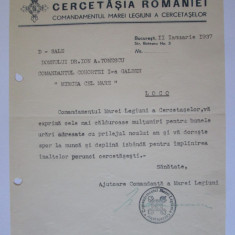 Rară! Cercetășia României-Scrisoare mulțumire ptr urările de Anul Nou 2 Ian.1937