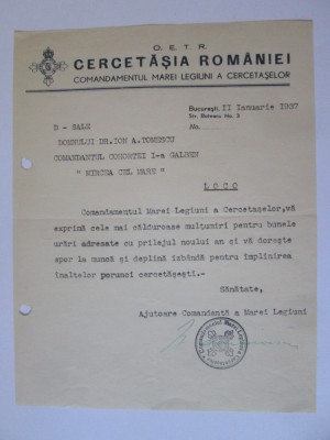Rară! Cercetășia Rom&amp;acirc;niei-Scrisoare mulțumire ptr urările de Anul Nou 2 Ian.1937 foto
