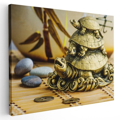 Tablou canvas statueta broaste testoase Feng Shui, auriu,1284 Tablou canvas pe panza CU RAMA 80x120 cm foto