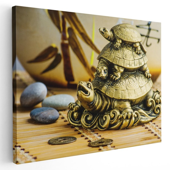 Tablou canvas statueta broaste testoase Feng Shui, auriu,1284 Tablou canvas pe panza CU RAMA 80x120 cm