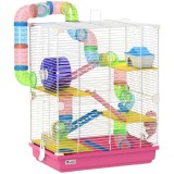 PawHut Colivie pentru Hamster cu Tunel Platforme Bol Adăpător Căsuță Rampe și Roată de Exerciții 46x30x58 cm Roz | Aosom Romania