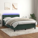 vidaXL Pat cu arcuri, saltea și LED, verde &icirc;nchis, 140x200 cm, catifea