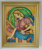 Tablou Gradina cu flori, pictura tehnica mixta ulei pe panza inramat 82x67cm, Portrete, Art Nouveau