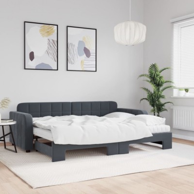 vidaXL Pat de zi cu extensie și saltele gri &amp;icirc;nchis 80x200 cm catifea 3196947 foto