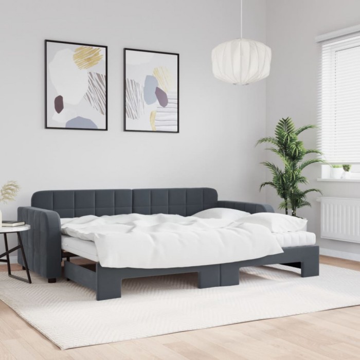 vidaXL Pat de zi cu extensie și saltele gri &icirc;nchis 80x200 cm catifea 3196947