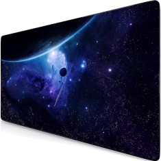 Mousepad Mare Cauciucat, Pentru Gaming, Birou, Office, Antiderapant, Cusaturi Anti-Rupere, Waterproof, model Cosmos, 90 x 40cm, Albastru/Negru