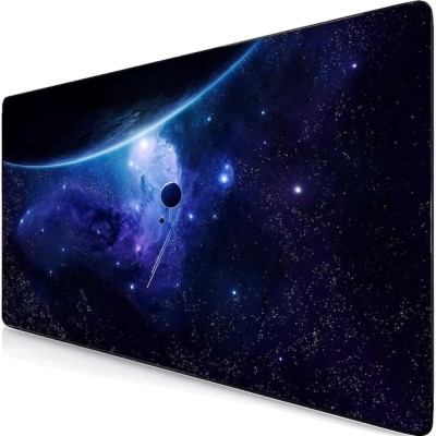 Mousepad Mare Cauciucat, Pentru Gaming, Birou, Office, Antiderapant, Cusaturi Anti-Rupere, Waterproof, model Cosmos, 90 x 40cm, Albastru/Negru foto