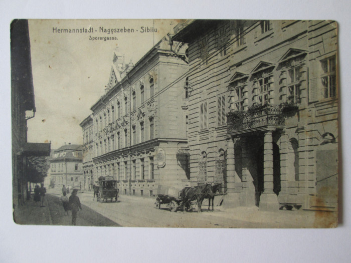 Rară! Carte poștala Sibiu:Strada Pintenilor,trăsura hotelului Bonfert,cir.1912