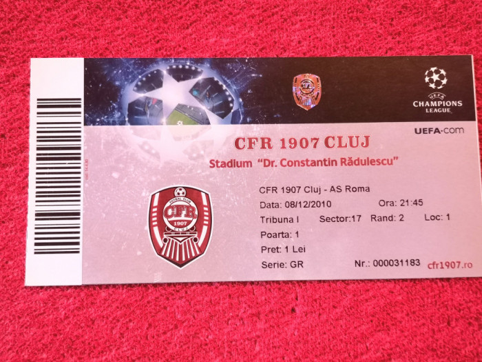 Bilet meci fotbal CFR 1907 CLUJ - AS ROMA (Champions League 08.12.2010)