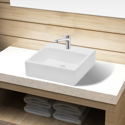 Chiuvetă de baie, ceramică, cu orificiu pentru robinet, alb, pătrat foto