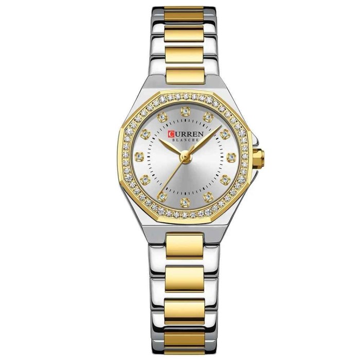 Ceas Dama CURREN Quartz Elegant cu Cadran Alb, Carcasa Aurie si Bratara Auriu-Alb , Accesoriu Chic si Versatil