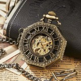 Cumpara ieftin Ceas de buzunar MBrands, negru cu albastru, skeleton, Mecanic, cu lant , stil Vintage, octagon bronz