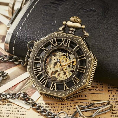 Ceas de buzunar MBrands, negru cu albastru, skeleton, Mecanic, cu lant , stil Vintage, octagon bronz foto
