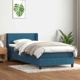 VidaXL Pat box spring cu saltea, albastru &icirc;nchis, 100x210 cm, catifea