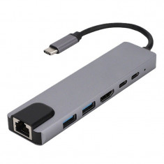 Adaptor Hub Multifunctional 6 In 1 Techstar® ZFZ6IN1B, HDMI 4K, USB-C, 1 X USB 3.0, 1 X USB 2.0, LAN RJ45 Ethernet, Cititor de carduri SD/TF, PD Port,