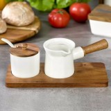 Recipiente pentru zahar si lapte, set de 2, portelan si lemn de acacia, Kassel
