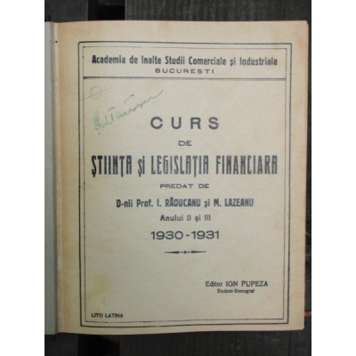 CURS DE STIINTA SI LEGISLATIE FINANCIARA - I. RADUCANU foto