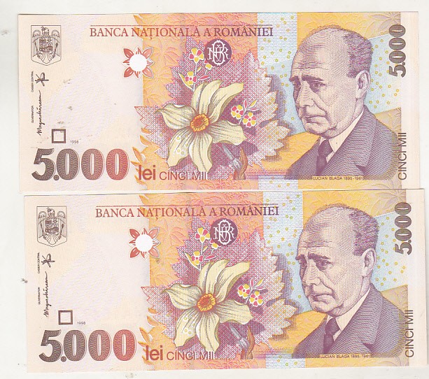 bnk bn Romania 5000 lei 1998 unc - x2 serii consecutive