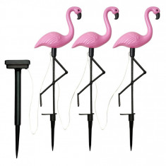 Set 3 lampi solare LED, grad protectie IP65, figurina flamingo, rezistenta interperii, 300mAh, 1,2V, 52,5 cm, roz