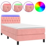 Cumpara ieftin Pat cu arcuri, saltea si LED, roz, 90x190 cm, catifea