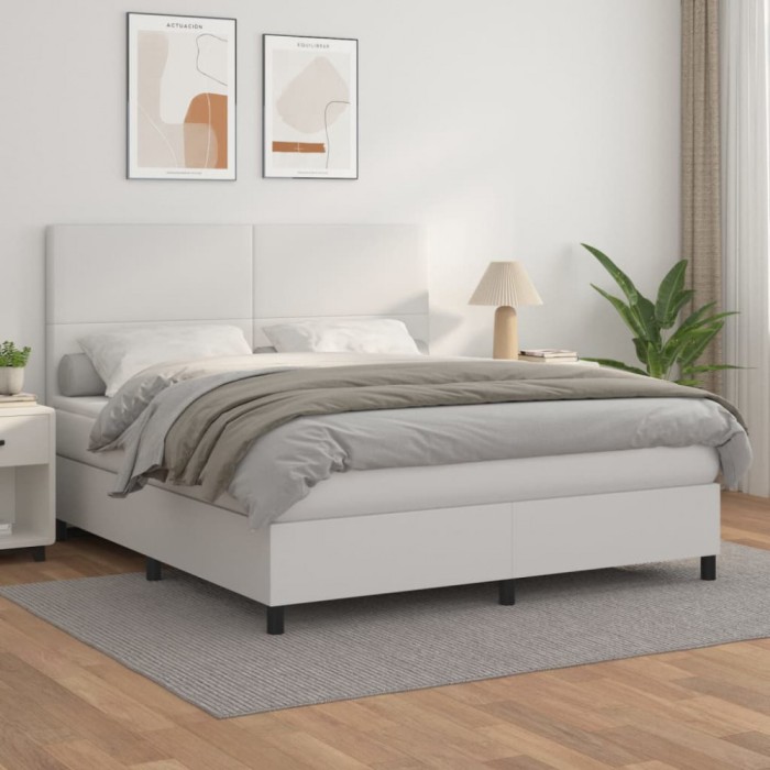 vidaXL Pat box spring cu saltea, alb, 160x200 cm, piele ecologică 3142732