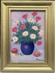 Tablou pictor rom&acirc;n Natură Statică Flori Vas cu Garoafe pictura ulei 36x46 cm