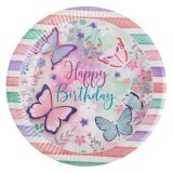 Farfurii de hartie pentru petrecere Happy Birthday cu fluturi Roz Verde Menta &Oslash;2, CMCLASS