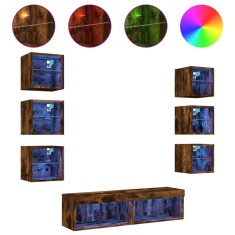 Unitati de perete TV cu LED-uri, 8 piese, stejar fumuriu, lemn