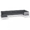 Set mobilier de gradina cu perne, 7 piese, alb, lemn masiv pin