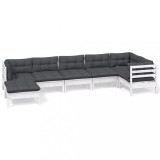 Set mobilier de gradina cu perne, 7 piese, alb, lemn masiv pin