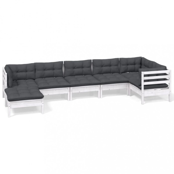 Set mobilier de gradina cu perne, 7 piese, alb, lemn masiv pin