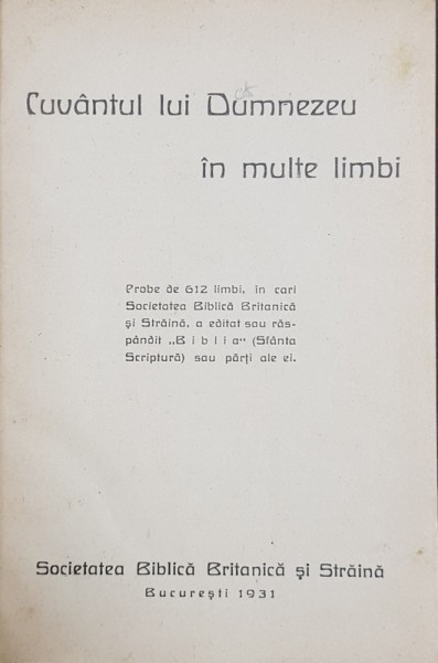 CUVANTUL LUI DUMNEZEU IN MULTE LIMBI , PROBE DE 612 LIMBI , 1931