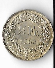 Moneda 1/2 franc 1963 - Elvetia, 2,5 g argint 0,835