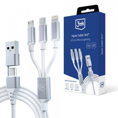 Cablu Incarcare USB-A / USB-C - Lightning / microUSB / USB-C 3MK Hyper 3in1, 12W, 1.5m, Alb foto