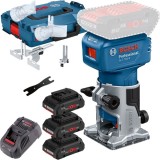 Bosch GLF 18V-8 + 0615990L1R - Masina de frezat 6 6.35 8 mm accesorii + Set 3 acumulatori si incarcator Li-Ion 18 V 4 Ah valiza speciala