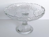 Fructiera vintage de sticla cu picior, ornamente geometrice, motiv solar anii 70