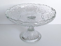 Fructiera vintage de sticla cu picior, ornamente geometrice, motiv solar anii 70