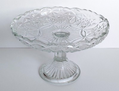 Fructiera vintage de sticla cu picior, ornamente geometrice, motiv solar anii 70 foto