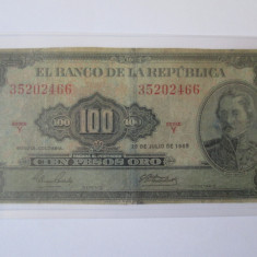 Rara! Columbia 100 Pesos Oro 1965 in stare slaba,bancnota din imagini