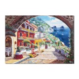 Tablou peisaj citadin mediteranean pictat manual, Colt de rai, stilizat, 70x50cm ulei pe panza, Magnific